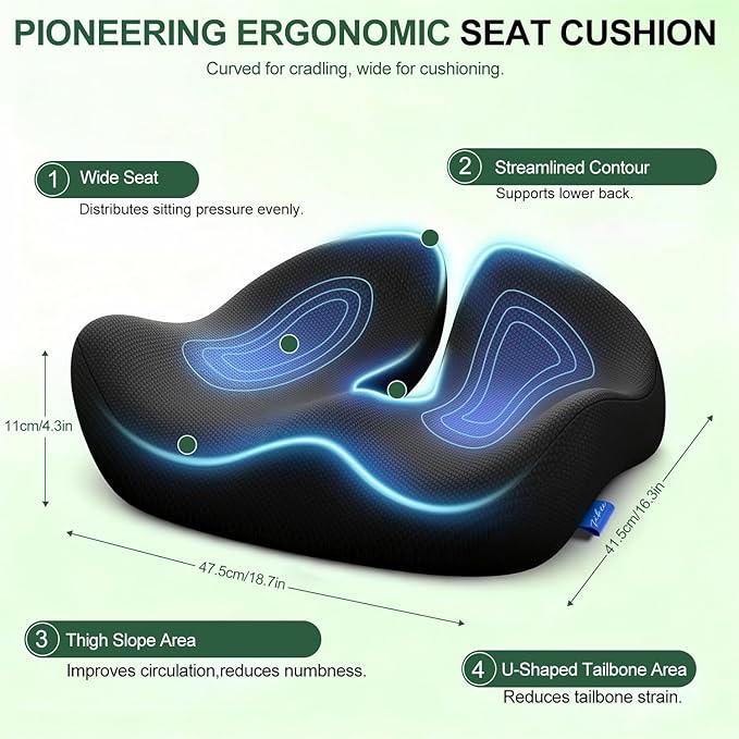 Seat Cushion, Large Size Office Chair Cushion for Work Home Driving, Memory Foam Sciatica Pressure Relief, Office Chair Cushion for Wheelchair Car, Best Gifts for Senior Women Men