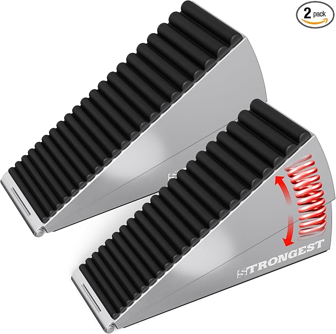 STRONGEST HOME Stoppers for Bottom of Door – Heavy Duty Metal Rubber Door Stopper, Non-Slip Door Stop for Heavy Doors, Works on Wood, Tile & Carpet Floors, Folding Chrome 1 PC + White Wall Protectors
