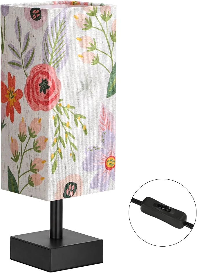 aooshine Small Bedside Table Lamp for Bedroom - Square Floral Fabric Shade | Inline Rocker Switch, Corded Electric, Bulb Not Included, 12.8" Mini Table Lamp for Nightstand, Desk, Dorm, Office