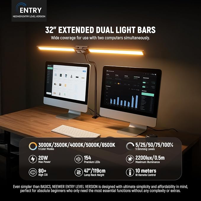NEEWER Entry Level Version 32" LED Light with Clamp for Desk Home Office Dorm Designer Drafting, 20W Dual Computer Monitor Architect Lamp Bar, Flexible Overhead 2200lux/Remote/5 Modes CRI80+, N21