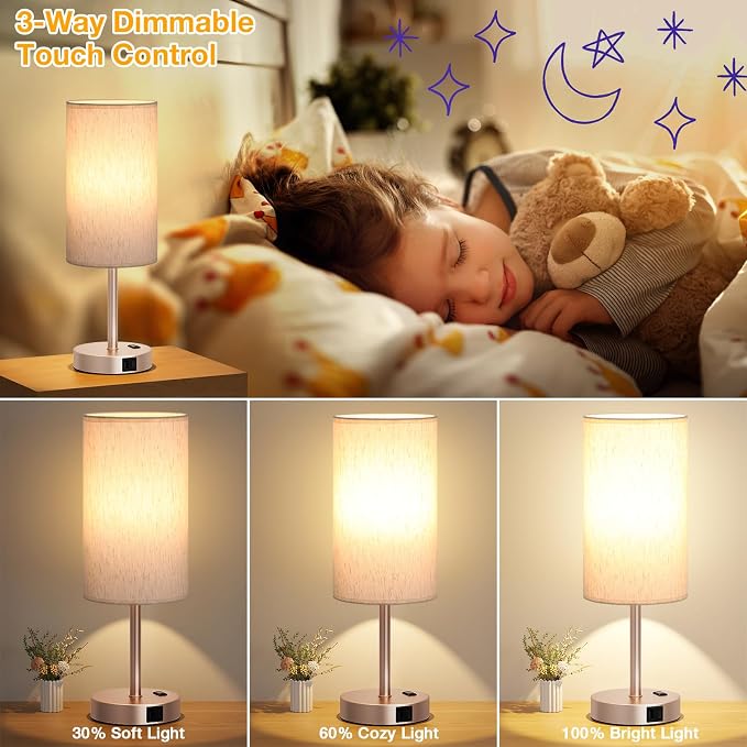 Dicoool 17.4" Bedside Lamp for Bedroom - Dimmable Touch, USB A+C, AC Outlet | LED Bulb Included, 3-Way Dimmable, 17.4" Table Lamp for Living Room, Dorm, Cream Fabric Lampshade, Antique White Metal Base