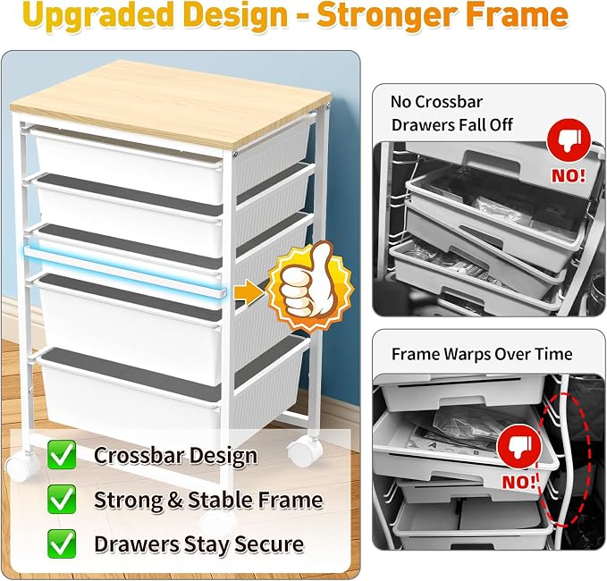 SUNALLY Rolling Carts with 5 Drawers, Storage Drawer Carts for Craft, White | Rolling Utility Cart with Wooden Tabletop & 2 Lockable Wheels, Teacher Storage Cart for Classroom School, Makeup, Nail, Art