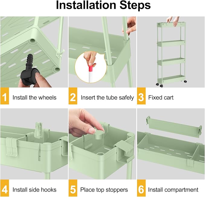 Slim Storage Cart 4 Tier,Bathroom Organizer Rolling Utility,Mobile Shelving Unit Slide Out for Office, Kitchen, Laundry Room & Narrow Places，Green