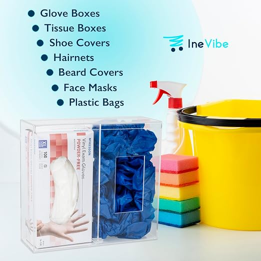IneVibe 2 Compartment Hygiene Holder with Lid for Home or Office (Double) | Double Acrylic Dispenser For Hairnets, Glove Boxes, Face Masks, Plastic Bags, Tissue Boxes, Medical- Countertop or Wall Mount