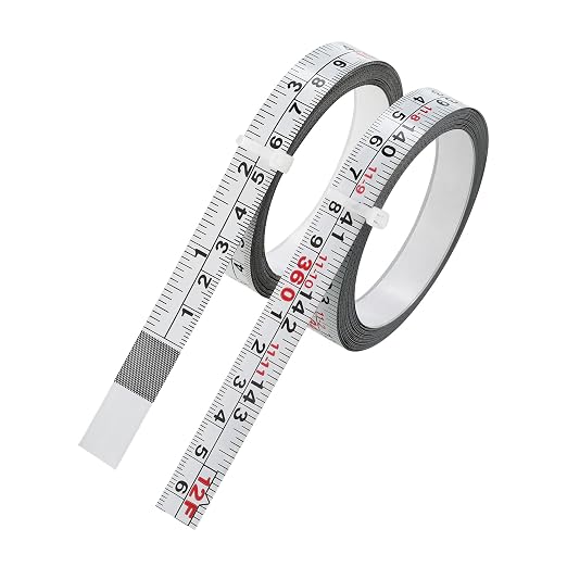 2-Pack Adhesive Measuring Tape for Workbenches, 143 Inch | 1/2-inch white ruler tape with imperial and metric scales; peel-and-stick design reads left to right