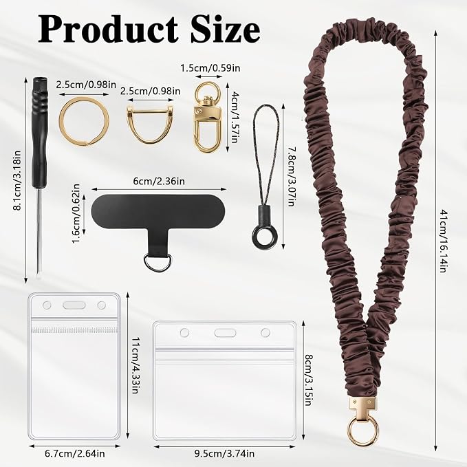 Prudiut Scrunchie Lanyard for Id Badges, Retractable Teacher Lanyards Black Stretchy Scrunchie Lanyard with Id Holder for Women (Brown)