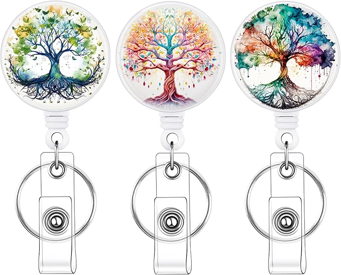 BESARME 3 Pack Badge Reels Retractable Badge Clip with Key Ring Retractable Badge Holders for Office Worker Teacher Nurse Student（Colorful Tree）
