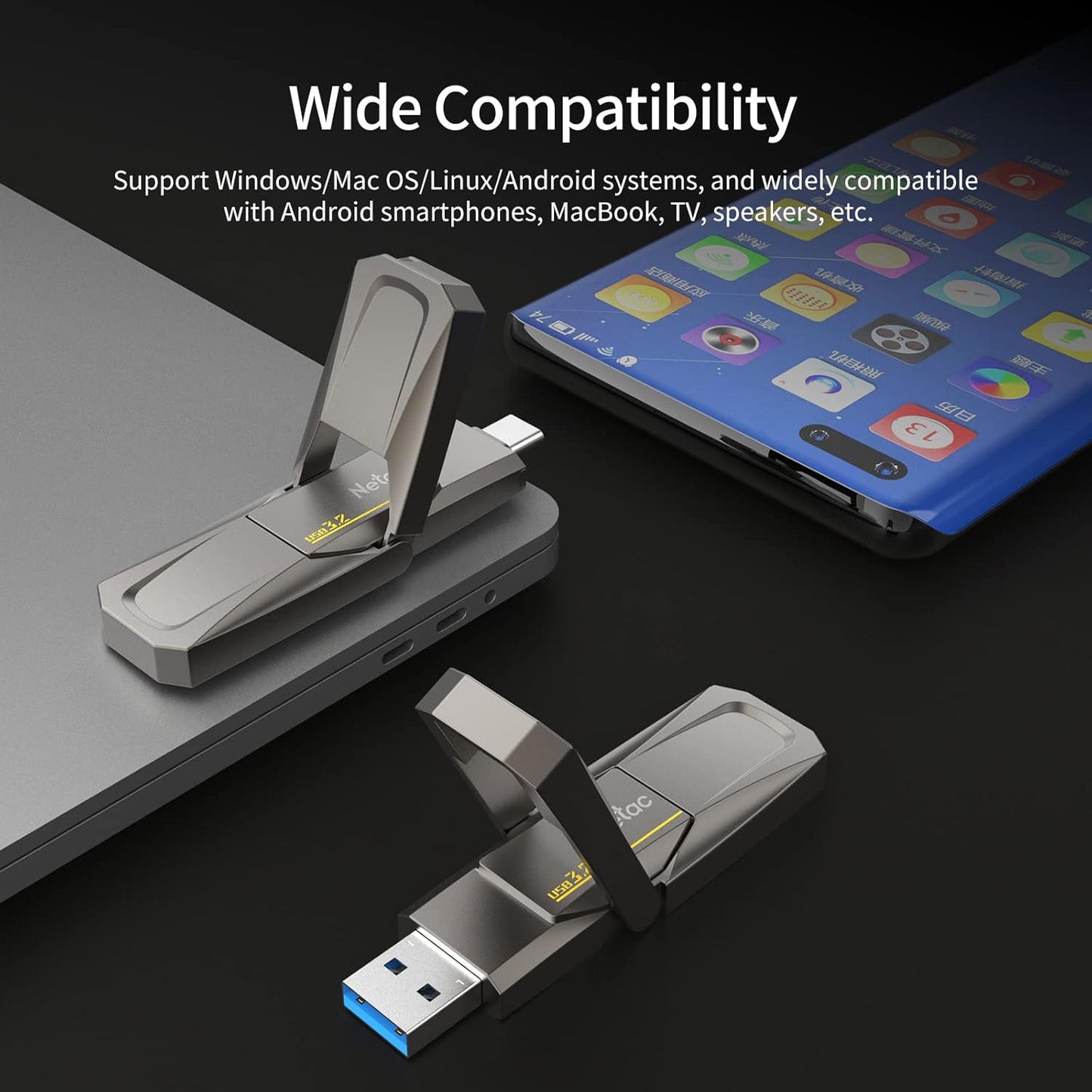 Netac 256GB Portable External USB Solid State Drive Type-c and USB 3.2 Dual Interface, up to 400MB/s Security Protection for Data Storage, Expansion of Storage for Photos/Videos/Music/Files, US5