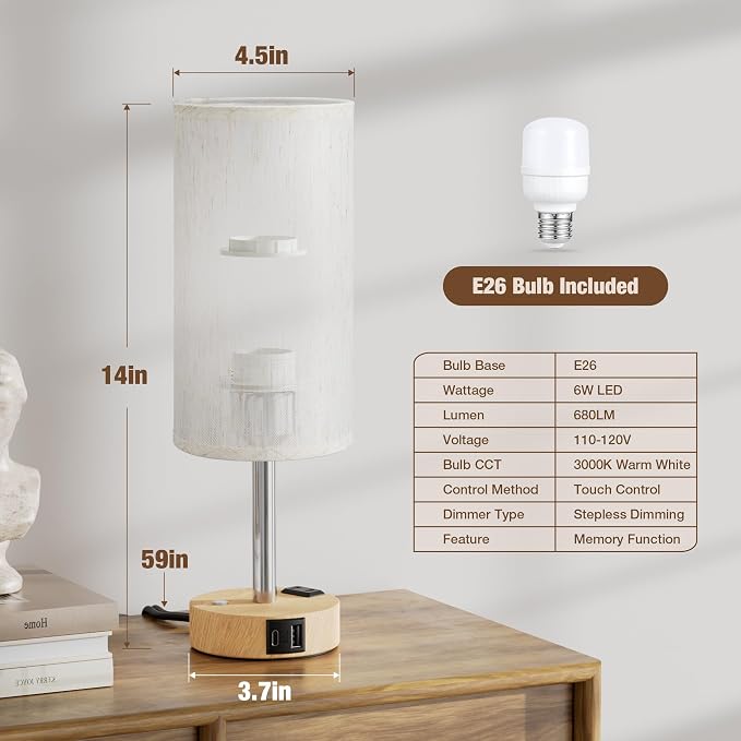 Touch Bedside Table Lamp for Bedroom, Stepless Dimmable, USB A+C, AC Outlet | Base Touch Button Only, Memory Brightness, Ultra-dim Night Light, Included Bulb for Optimal Dimming, Wood Grain Base, Nursery