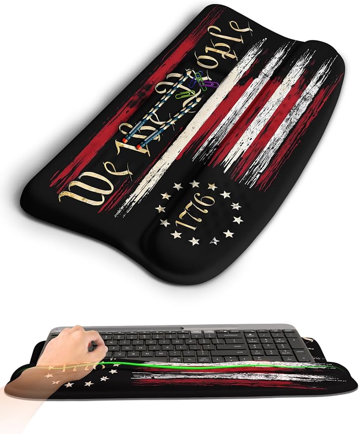 Ergonomic Wave Wrist Rest with Keyboard Stand, Cushioned Palm Rest, Comfortable Integrated Memory Foam for Natural Typing and Relieve Wrist Pain, US Flag