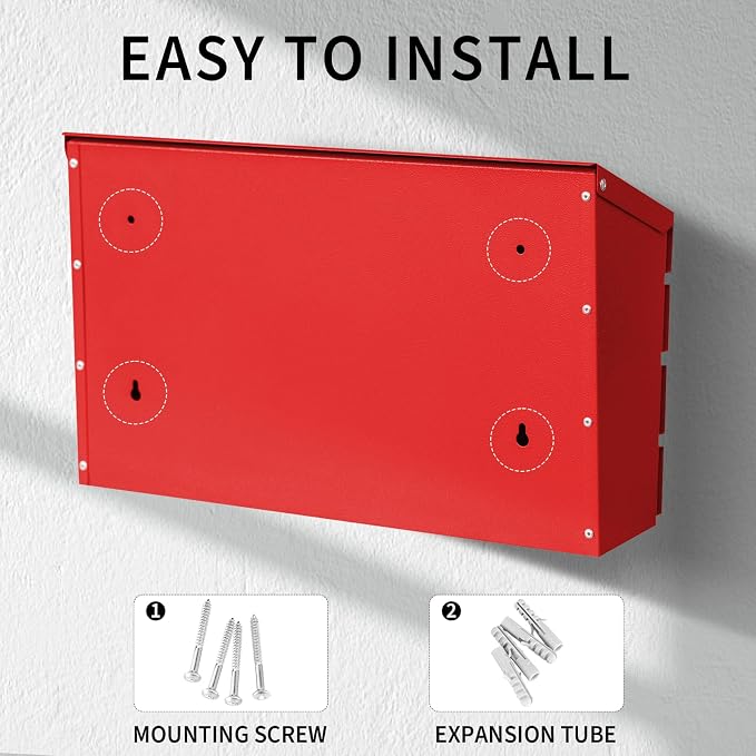 Wall Mount Mailbox for House Outside, Large Capacity Mailbox Drop Box, Galvanized Steel and Rust-Proof Metal Post Box, 15.74"x9.84"x4.33", Red