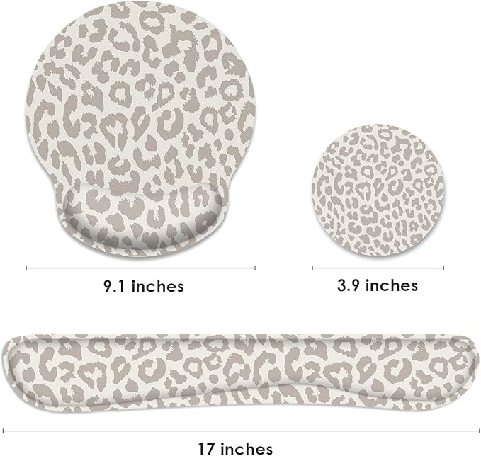 Ergonomic Mouse Pad Set with Wrist Rest, Leopard Animal | Skin Light Khaki Non-Slip Rubber Base Wrist Cushion Support and Coasters Mousepad with Wrist Support for Computer Keyboard