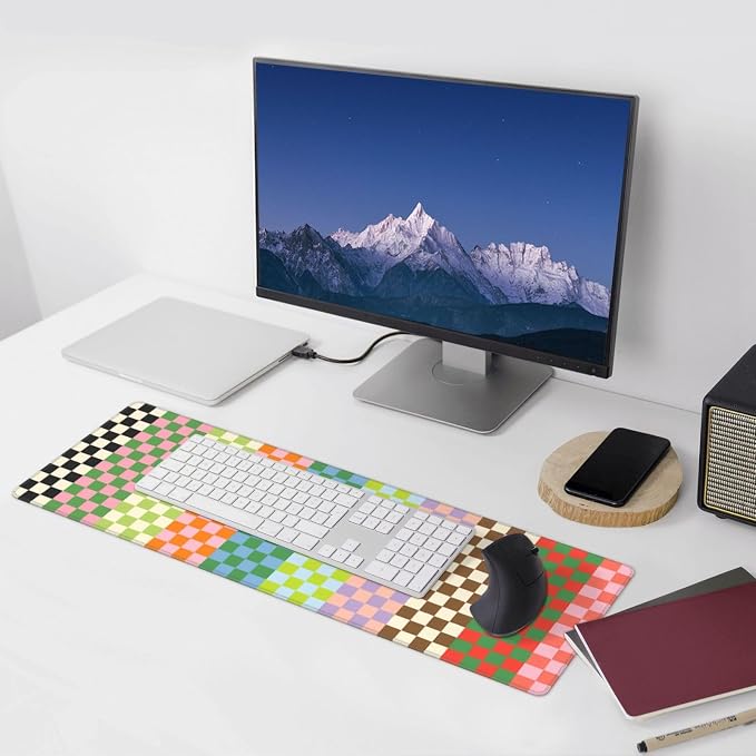 Colorful Checkerboard Gaming Mouse Pad Extended Desk Mat 31.5x11.8in | Gaming Mousepad, Non-Slip Rubber Base, Large Keyboard Pad with Stitched Edges, Desktop Protector, for Office Home