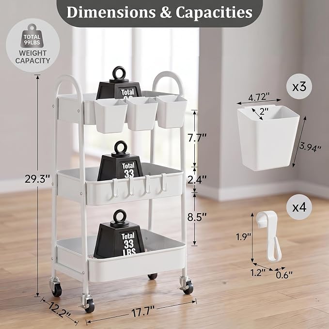 3-Tier Rolling Cart, Utility Cart Mobile Metal Rolling Storage Cart with Lockable Wheels & Hanging Cups & Hooks for Kitchen, Bathroom, Office, Workshop, White