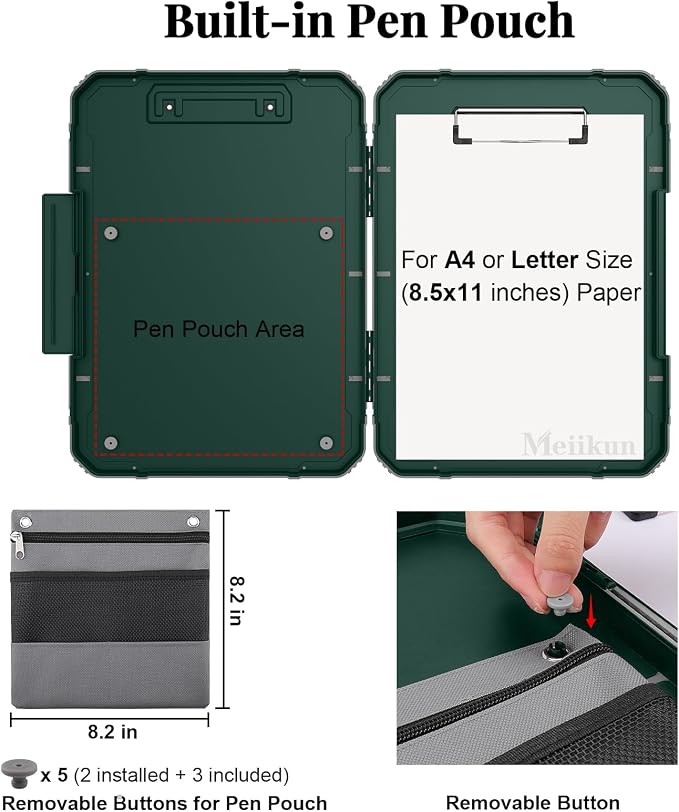 Meiikun Clipboard with Storage, Rugged Shockproof Protective, Internal Pen Pouch & Metal Clip, Heavy Duty Plastic Clip Boards 8.5x11, High Capacity Contractor Folder for School Office (Emerald)