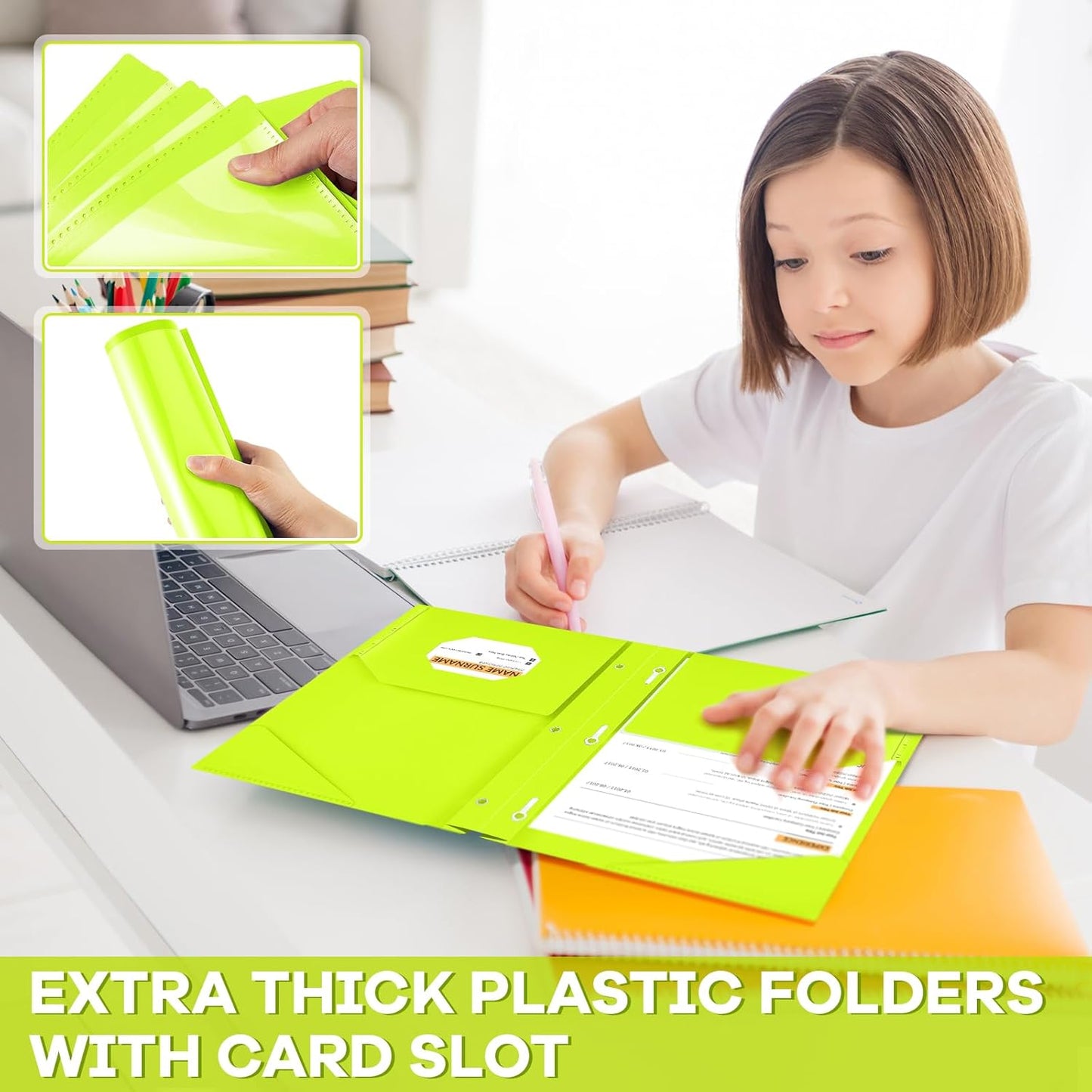 Henoyso 18 Pcs Plastic Folder with Clear Front Pocket and 3 Prong Plastic Folders with Card Slot Pocket Folders with Prongs for School Office (Fluorescent Green)