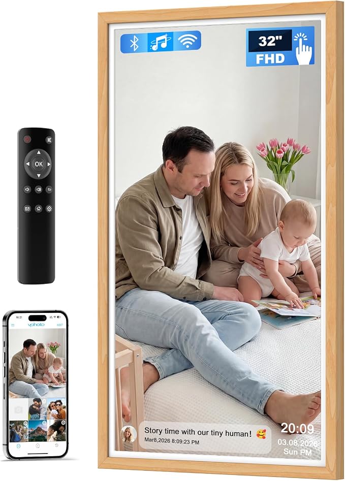 32 Inch FHD Extra Large Digital Picture Frame Touchscreen, 64GB FHD IPS WiFi Digital Photo Frame Remote, Share Photo/Video via Apps, Email, Auto-Rotate,Wood Pattern