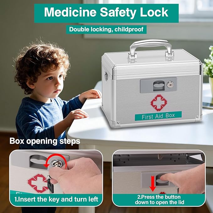 GODLONSEN Medicine Storage Box with Key for Safe Medication - 13.4 x 7.6 x 8.2 Inches - Empty Lockable First Aid Box Organizer Container for Drugs for Home, Dorm, Office, Outdoor (Silver/Large)