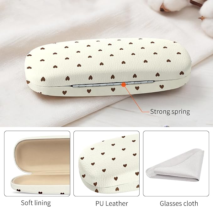 Glasses Case Hard Shell, Cute Sunglasses Case for Women Leather Protective Case for Eyeglass with Cleaning Cloth
