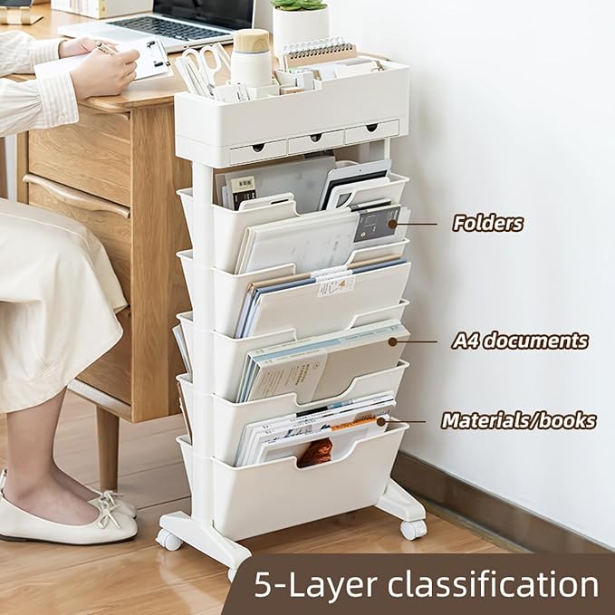 5 Tier Rolling Book Cart Multi-Functional Movable Storage Bookshelves | rolling bookshelf,Movable Storage Bookshelves with Lockable Wheels for Study Office Library Classroom,