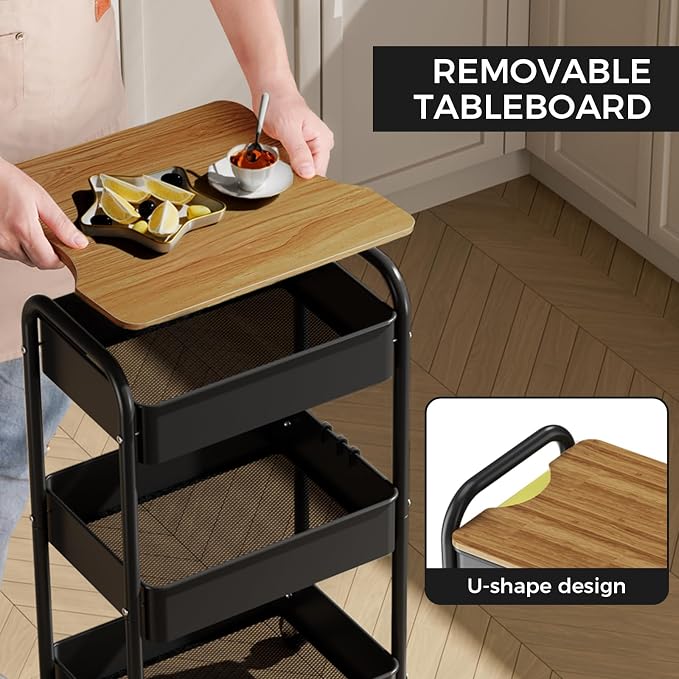 3-Tier Rolling Cart with Table Top, Metal Utility Cart on Wheels | Sturdy Storage Organizer Cart with Lockable Wheels&Hooks for Craft, Office, Classroom, Kitchen and Bathroom, Black