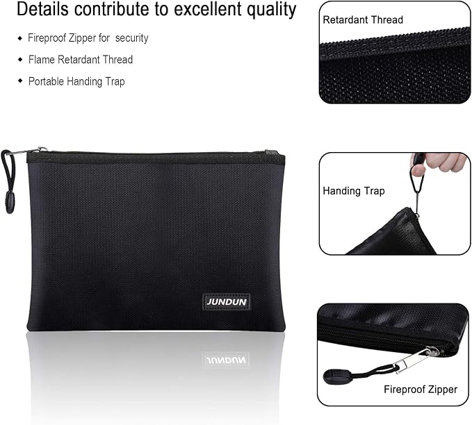 Fireproof Document Bags,14.2”x 10.0”Waterproof Fireproof | ： Money Bag with Aluminum Foil Lining,Fireproof Safe Storage Pouch with Zipper for Document and Cash，Black
