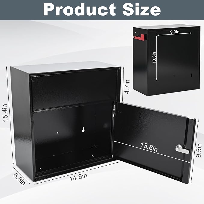 Large Wall Mount Mailbox with Lock and Outgoing Mail Flag for Outside, Steel Locking Security Mail Box with Number Stickers for House Outside, 14.8" x 6.9" x 15.4", Rainproof, Black