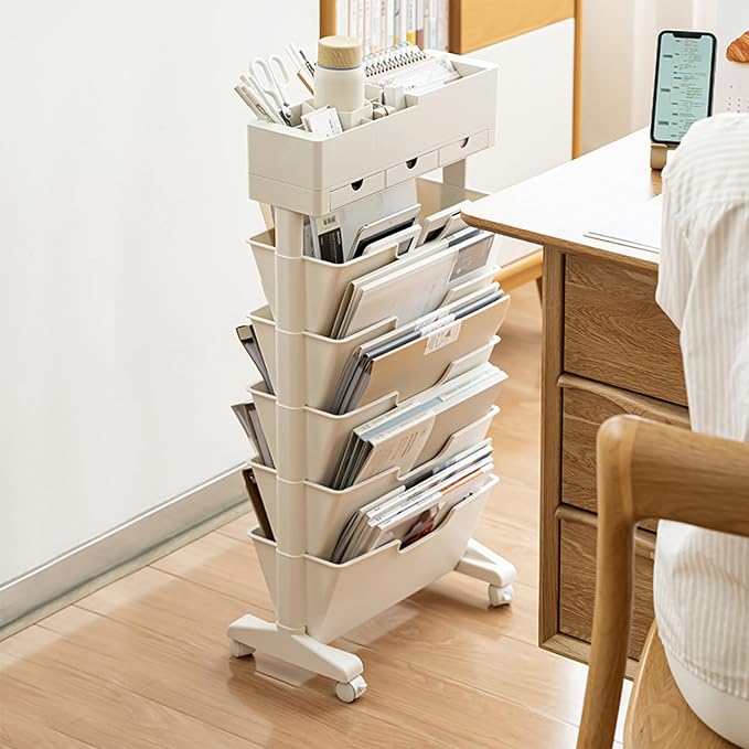 5 Tier Rolling Book Cart Multi-Functional Movable Storage Bookshelves | rolling bookshelf,Movable Storage Bookshelves with Lockable Wheels for Study Office Library Classroom,