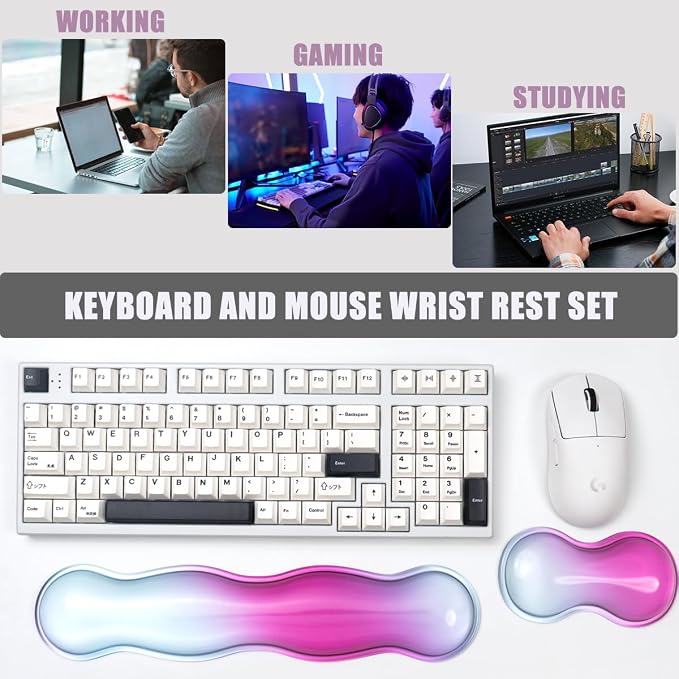 Ergonomic Silicone Gel Wrist Rest for Keyboard and Mouse – Blue Purple Clear Wrist Rest Set for 60%/68%/75% Computer Keyboard, Comfort & Support for Typing and Gaming