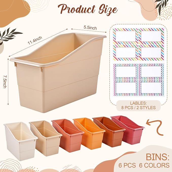 Blosssound 6 Set Book Bins for Classroom Stackable,Earth Tones | Plastic Baskets with Labels, Slanted Front, Library Supplies Organizers, Desktop Storage Bins, Teachers Home School Use