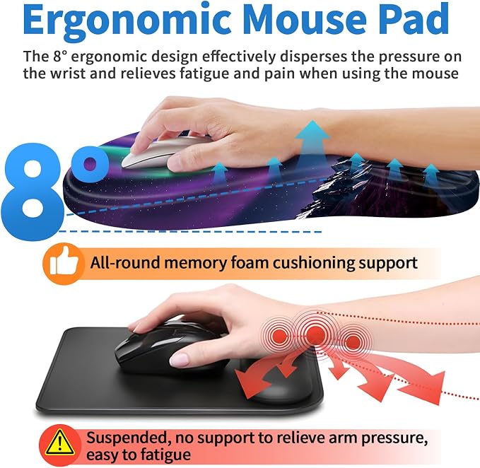 YIWEI Ergonomic Mouse Pad with Wrist Rest for Carpal Tunnel Pain Relief | Memory Foam Wrist Support,Non-Slip Rubber Base, Keyboard Computer Mousepad,Lycra Cloth Surface,Gaming Home Office