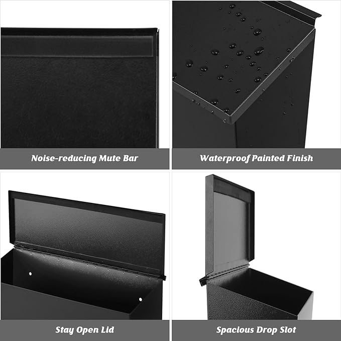 KYODOLED Wall-Mount Mailbox for House, Large Capacity Mail Box, Galvanized Steel Rust-Proof Metal Post Box, Mailboxes for Outside,15.7"x9.9"x4.9" Black