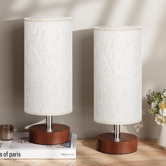 Table Lamps Set of 2 （Cream Shade - Walnut Base, 11.6" Inline Control） | Bulb not Included | Small Lamps for Bedroom | Desk Lamp for Reading | for Living Room | for Dorm | Linen Shade