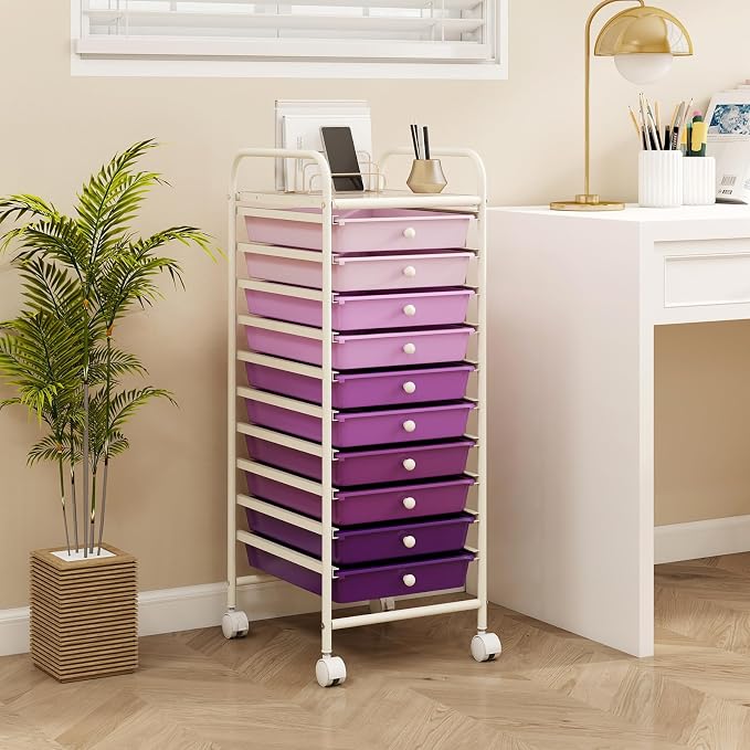 GLACER 10 Drawers Rolling Cart, Storage Cart with w/Removable Drawers & Steel Frame, Utility Mobile Trolley w/Universal Casters & 2 Brakes, Organizer Cart for Home, Office (Purple Gradient)