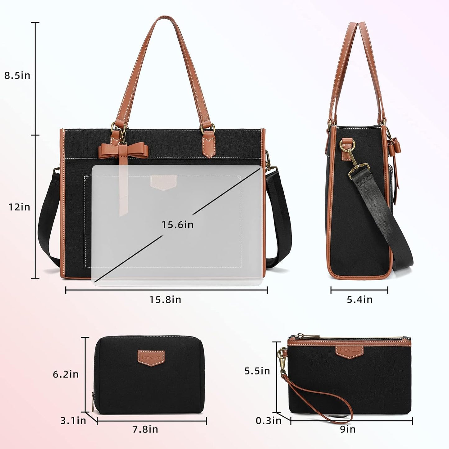 Keyli 3pcs Laptop Bag for Women,15.6 Inch Canvas Tote Bag Work Bags Large Business Computer Briefcase Shoulder Handbag Purse