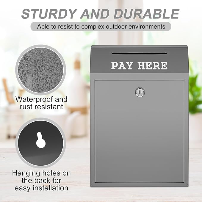 Yaocom Safe Metal Cash Box for Farm Stand – Money Drop and Secure Donation Collection, Wall Mount Lockable Unit with Pre Drilled Holes for Outdoor Self Serve(Gray,11.8 x 8.6 x 4.7 Inch)