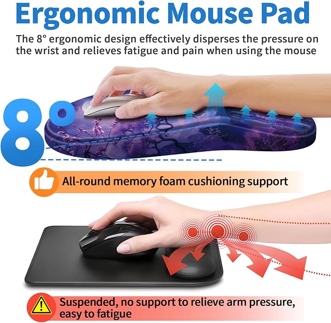 YIWEI Ergonomic Mouse Pad with Wrist Rest for Carpal Tunnel Pain Relief | Memory Foam Wrist Support,Non-Slip Rubber Base, Keyboard Computer Mousepad,Lycra Cloth Surface,Gaming Home Office