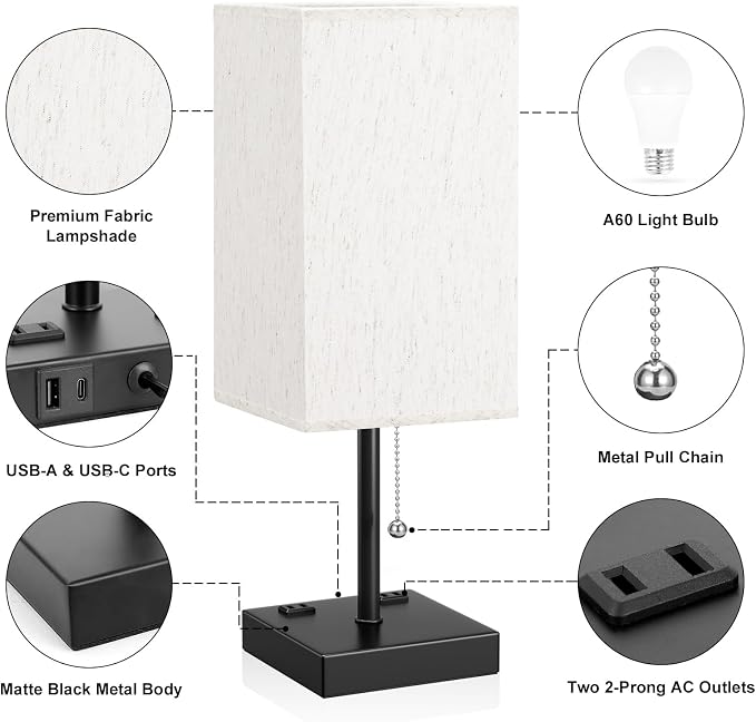 Bedside Lamp for Bedroom - 3 Color Temperatures, USB A+C, 2 AC Outlets | Pull Chain Switch, LED Bulb Included, Cream Fabric Shade, 17.4" Table Lamp for Nightstand, Desk, Living Room, Office