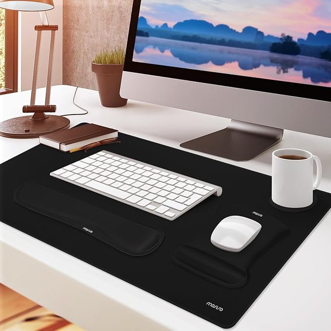 MOSISO Keyboard Mouse Pad Set, Large Gaming Mousepad&Keyboard Wrist Rest&Mouse Wrist Rest&Coaster, Ergonomic Non-Slip Mousepad&Easy Typing Cushion with Memory Foam for Home Office, Black
