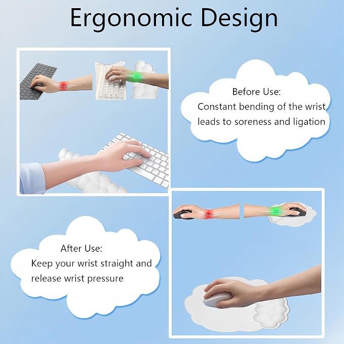 Cloud Wrist Rest Keyboard Cute Cloud Mouse Pad with Wrist Rest for Keyboard and Mouse Leather Cloud Wrist Pad Non-Slip Wrist Support for Computer Gaming Home Office Desk Decor Relief Pain White