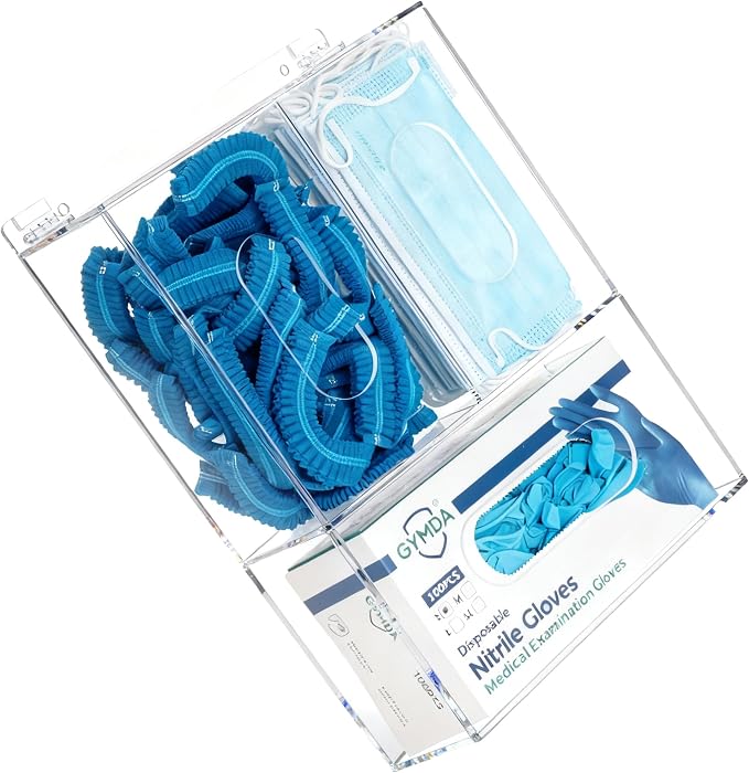 SEANADO Acrylic Disposable Glove Box Face Mask Dispenser Holder Triple Glove Rack Hairnet Tissue Napkin Dispenser with Lid for Wall Mount Organizer for Food Service, Lab, Medical Office, Clear