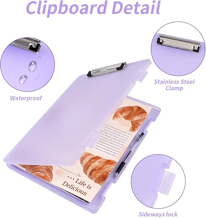 2 Pack Letter Size Clipboard with Storage 8.5 * 11, Plastic Clear Purple Clipboard File Box A4 Nursing Clip Board for School & Office with Stickers (Clear Purple-2PCS)