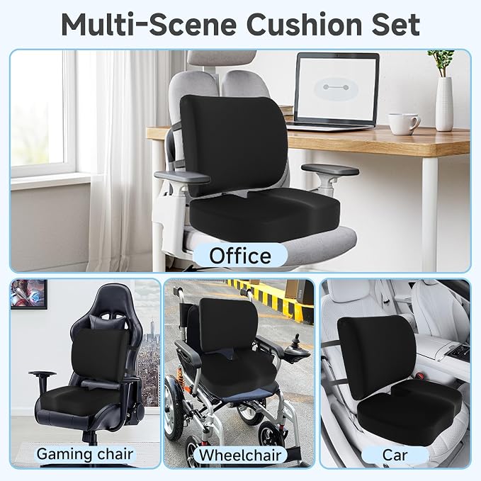 Seat Cushion &Office Chair Cushion,Lumbar Support Pillow for Office Chair,Ergonomic Memory Foam Non-Slip Office Chair Cushion,Back Support Cushions for Tailbone&Sciatica Pain Relief Black
