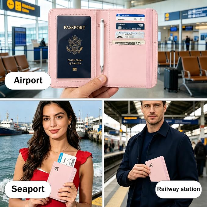 RFID Blocking Passport Holder for Travel – PU Leather Waterproof Lightweight Passport Cover Wallet for Women Men, Travel Organizer with Card Slots for Airline Tickets & Passport Book, Pink