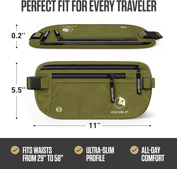 VENTURE 4TH Travel Money Belt, RFID Blocking Passport Holder - Green