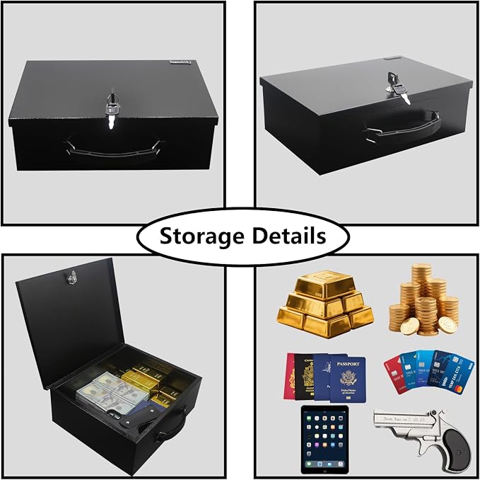 Yuanshikj Fireproof Key Lock Steel Security Safe Box, 0.38 Cu Ft, Black | Portable,Fire Resistance,13.2" W x 11" D x 4.5" H,With Carrying Handle, for Personal Items, Documents,Cash,Jewelry, Money