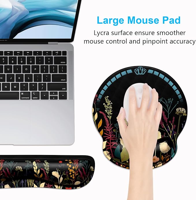 Dapesuom Keyboard Wrist Rest and Mouse Pad with Wrist Support, Cute Memory Foam Cushion for Keyboard and Mouse Set, Desktop Pad Rests with Non Slip Base for Easy Typing & Pain Relief, Floral Cartoon