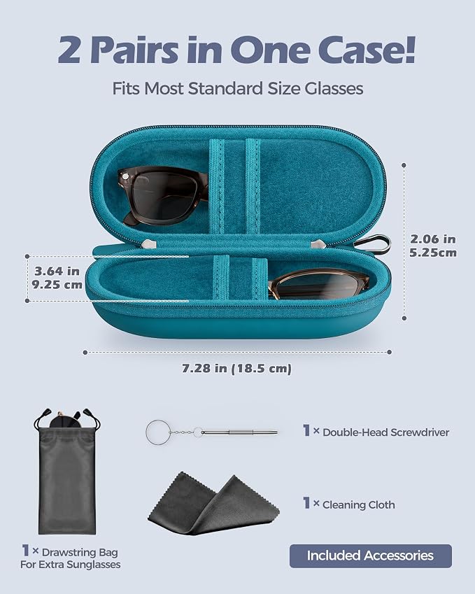 ProCase Hard Double Sunglasses Glasses Case for Men Women -Caribbeanblue | Hard EVA Shell Shockproof Dual Eyeglass Case with Metal Hook Velvet Lining, Travel Zipper Organizer for Couple Gifts