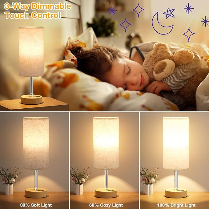 Dicoool Bedside Table Lamp for Bedroom - 3-Way Dimmable Touch Lamp, USB A+C | LED Bulb Included, 14" Small Nightstand Lamp for Desk, Living Room, Guest Room, Cream Fabric Lampshade, Wood-Grain Metal Base