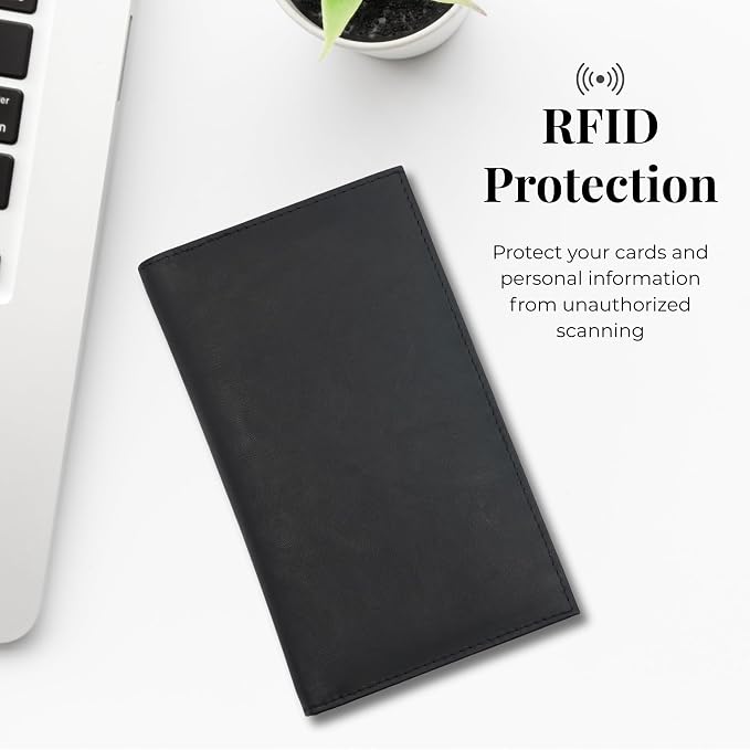 20 Card Wallet for Men, Long RFID Leather Credit Card Holder, Black | 2 Bill Compartments | ID Window | Open Bifold | Organized Carry | Jacket Friendly